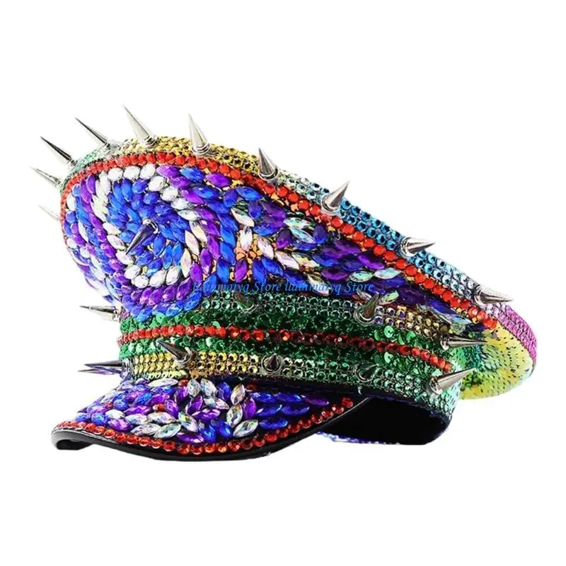 573B قبعة بحرية متلألئة مع أحجار الراين قبعة دش الزفاف العازبة حفلة برشام رصع الكابتن قبعة المرأة صور قبعة