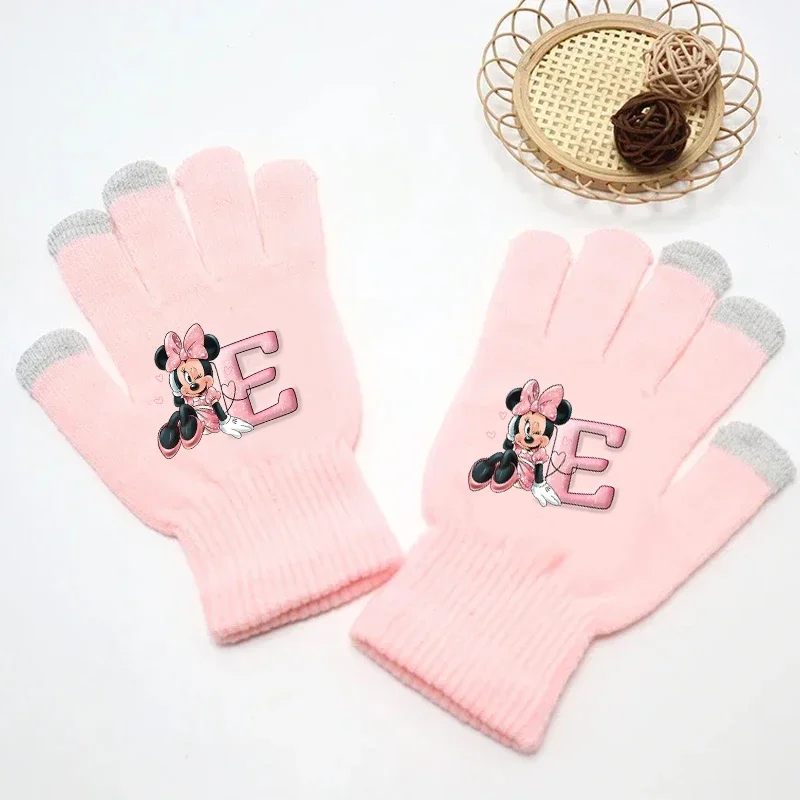 Disney Minnie Mouse Gloves Cartoon Kawaii Print Finger Gloves Winter Warm Gloves Children Outdoor Cycling Accessories Xmas Gifts