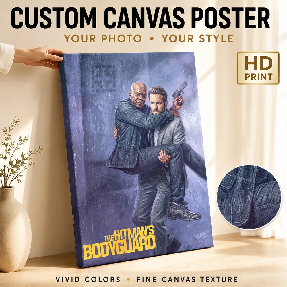 The Hitman's Bodyguard Movie Framed Canvas Poster Customized Photo Vintage Movie Wall Art for Home Theater Decor Ready to Hang