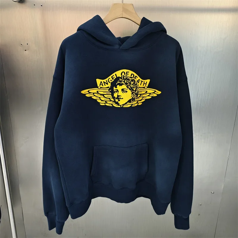 سويت شيرت بغطاء للرأس باللون الأزرق الداكن، بلوفر كاجوال فضفاض من القطن الخالص، قميص رياضي للرجال