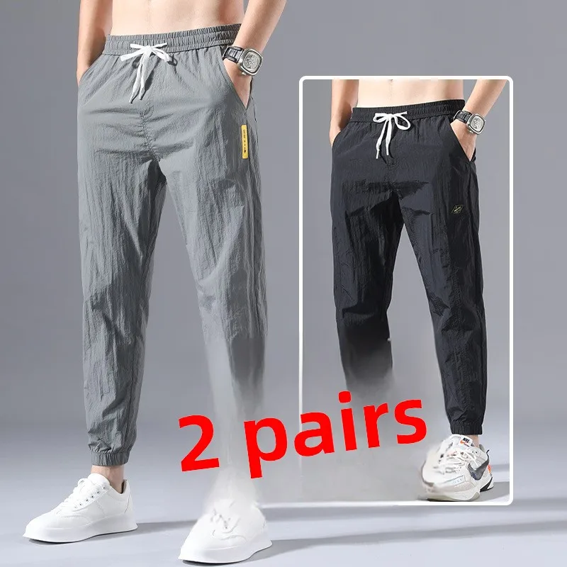 

Мужские спортивные брюки свободного кроя из ледяного шелка, летние, тонкие, укороченные, повседневные, модные, универсальные, длинные брюки для молодежи