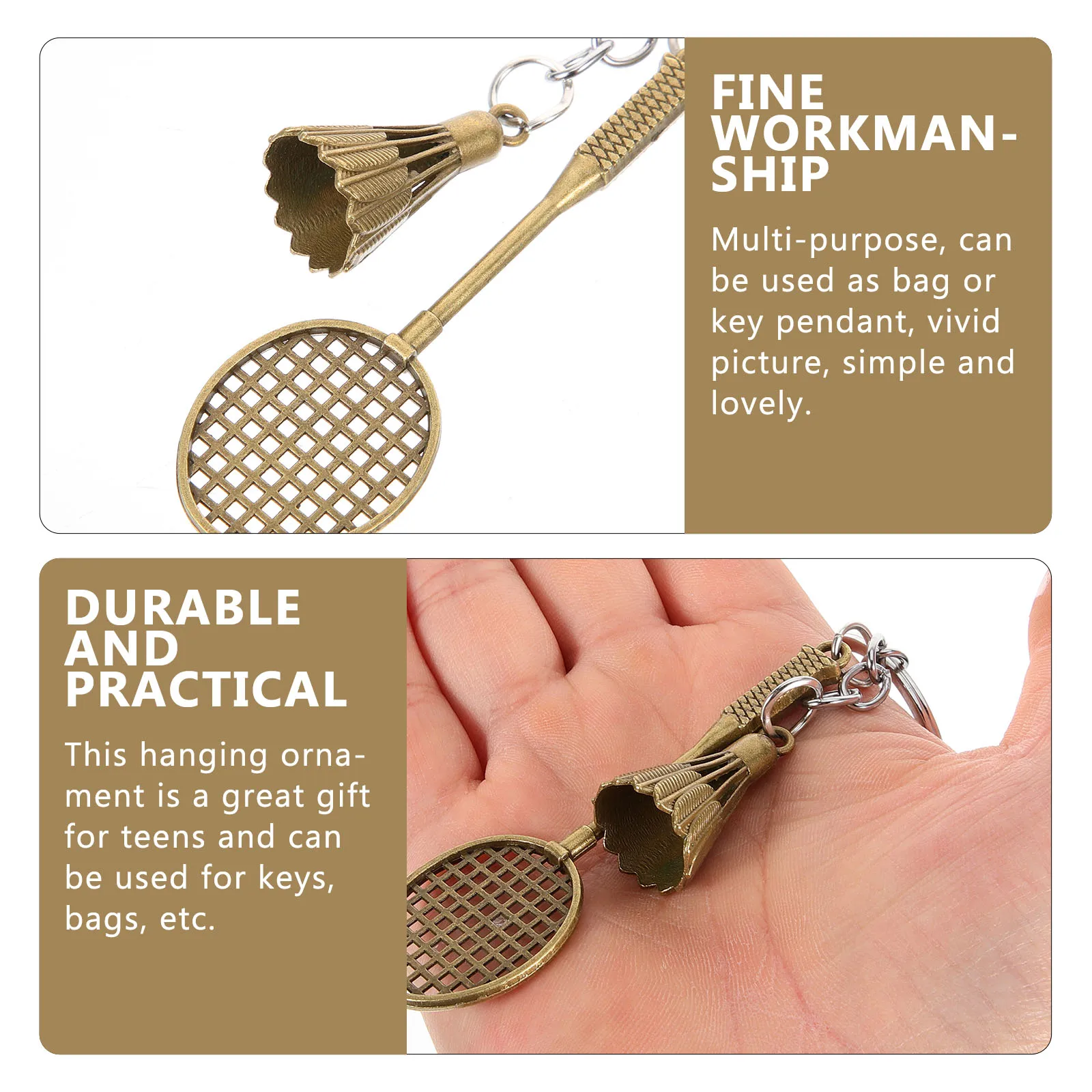 

3pcs Simulated Badminton Racket Keychains Metal Pendants Silver 1 Bronze 1 Rose Gold Durable Sports Key Rings Funny Bag Charms
