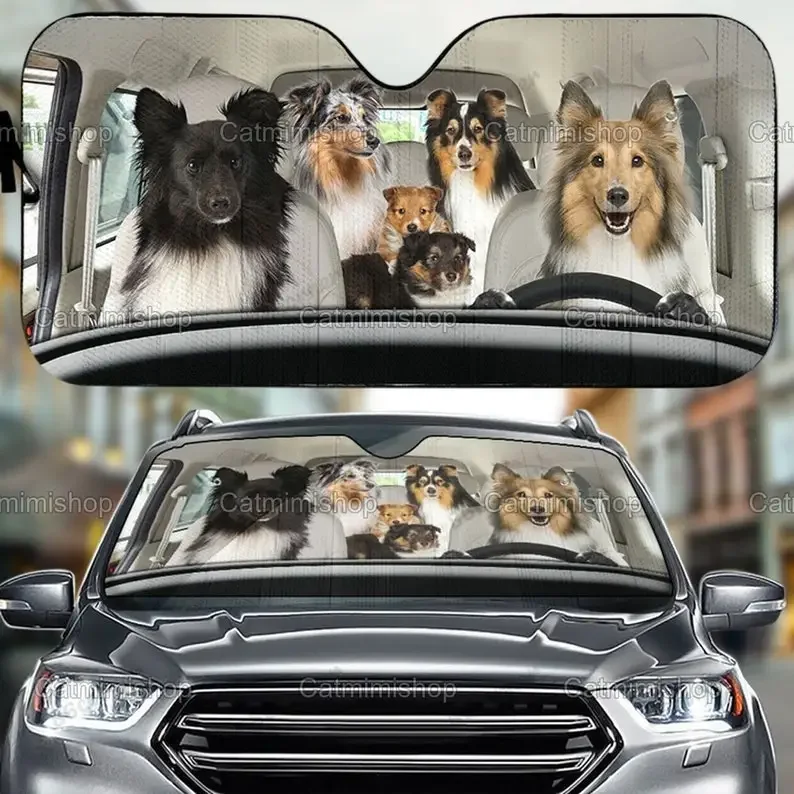 Shetland Sheepdog Family Car Sun Shade, Sheepdog Auto Sun Shade, Funny Sheepdog Car Decor, Car Sun Protector, Gifts For Her LNG1