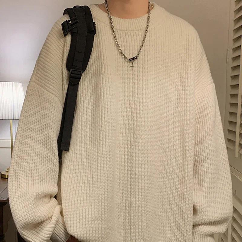 TFETTERS ماركة اليابان بلوفرات برقبة دائرية للرجال ملابس تريكو لخريف وشتاء 2025 سترات مريحة بلون سادة ملابس رجالية للمراهقين