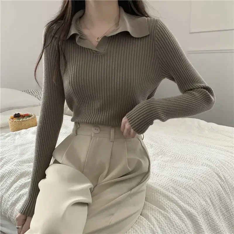 Knitted T Shirts For Women Clothes Streetwear High Quality Clothing Womens Polo Neck Tee Shirt Aesthetic Hot Top Vintage Striped