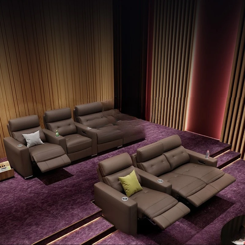 فيلا خاصة للمسرح المنزلي وغرفة الصوت والفيديو أريكة جلدية لقاعة الأفلام والتلفزيون مقعد سينما كهربائي متعدد الوظائف