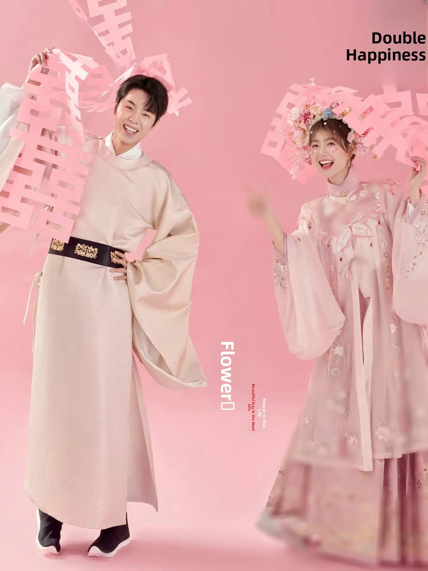 

Bridegroom Couple Traditional Hanfu Clothing with Floral Hairpin Photography Studio Photoshoot Pink Ancient Style Wedding Dress