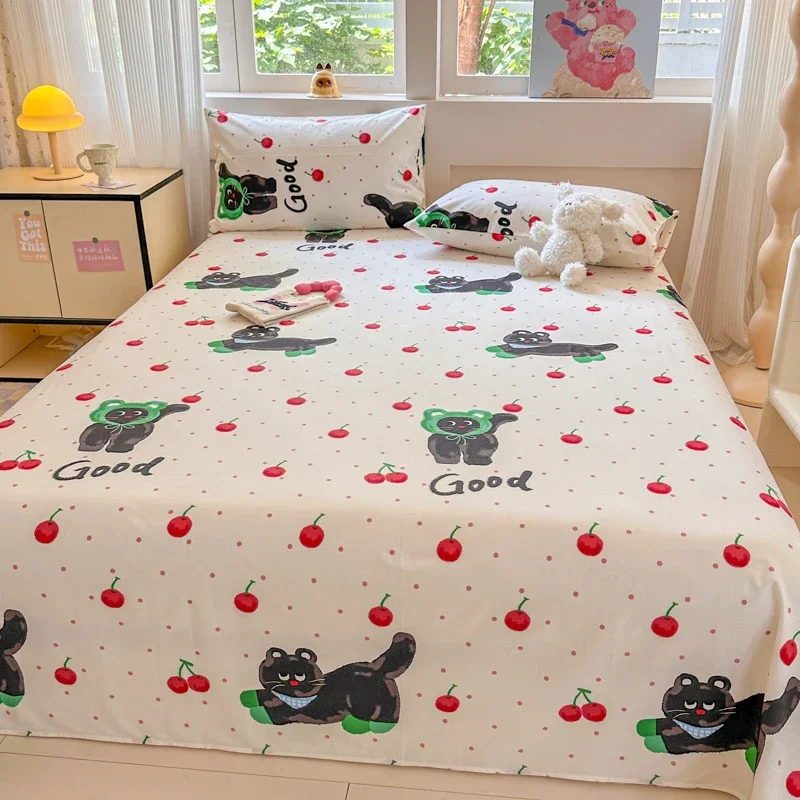 Cartoon Cat Bed Sheet Set, 100% Cotton Skin-friendly Bedding for Kids and Teenagers, Adults Colorful Dots King 3pcs Flat Sheet