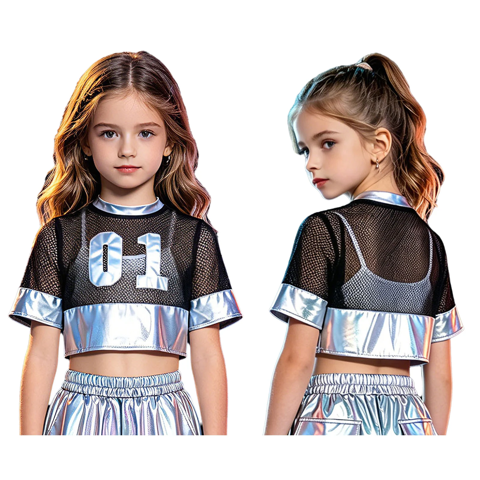 Kids Girls Modern Hip Hop Dance Performance Set Metallic Hollow Out Mesh Patchwork Crop Top Short Sleeve Number Graphic T-shirt