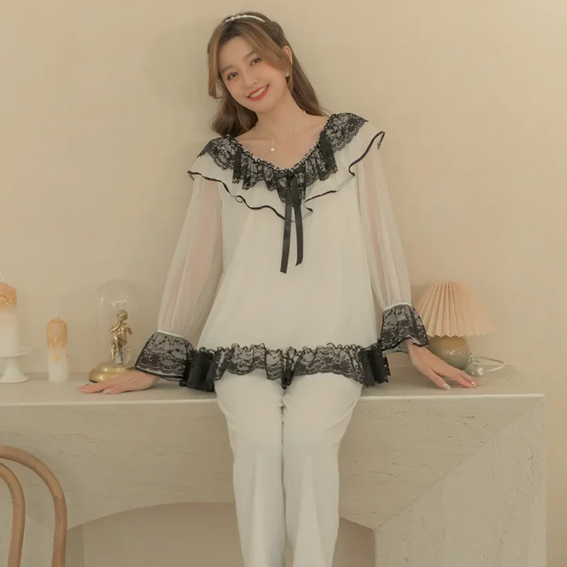 Vintage court style Pajamas lace Sleepwear women's suit long sleeve sweet sexy princess Homewear Set  Nightgowns