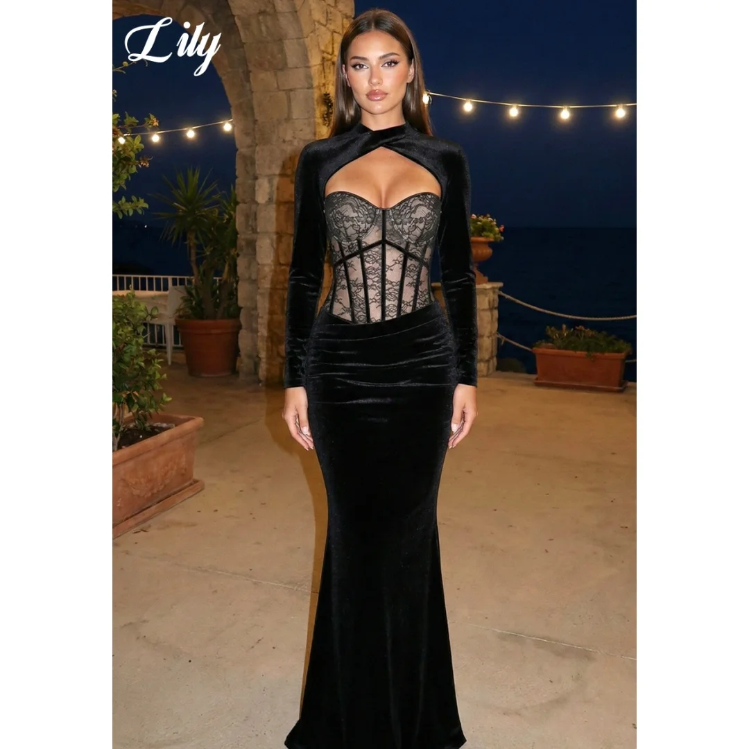 

Вечернее платье-русалка Lily Sexy Black 2026 с высоким воротом, вырезами, длинными рукавами, прозрачным кружевным лифом, для женщин, на заказ