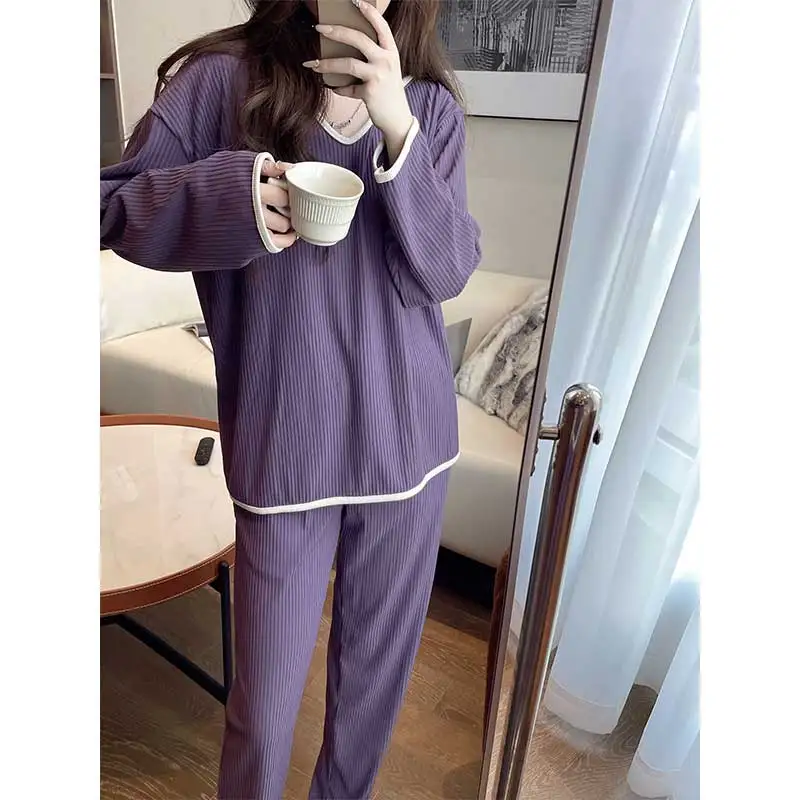 Frauen pyjama anzug frühling baumwolle streifen lange-ärmeln mit kapuze rundhals pullover casual große größe einfarbig hause kleidung