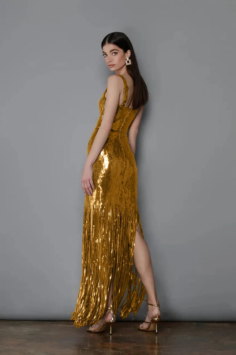 Luxury Gold Sequins Women Evening Dress Sexy Straps Sleeveless Banquet Party Dress Elegant Tassel Slim Straight Vestidos Robes