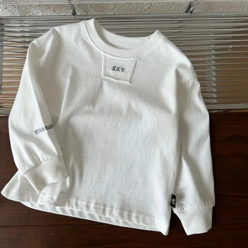 

Boys T-shirt Spring and Autumn Children's Long sleeved Letter White Bottom Baby Girls Top Pure Cotton Loose Sweater