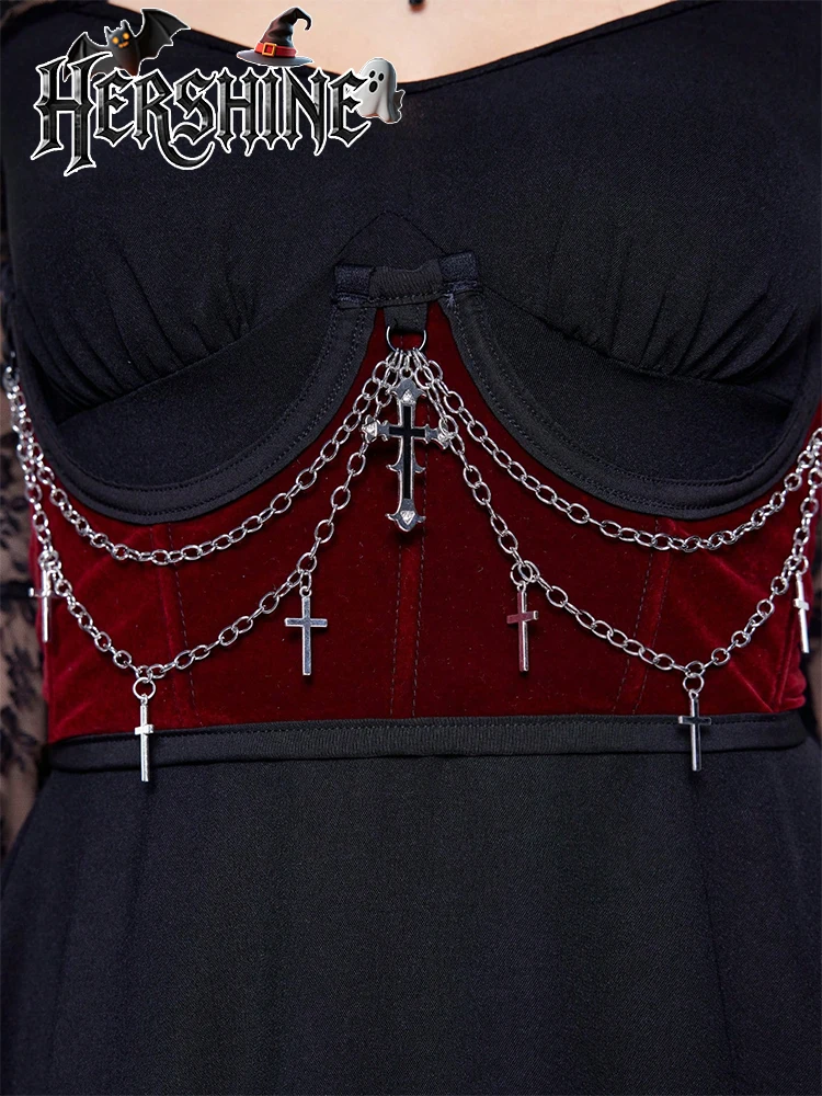 여성용 레드 벨벳 크로스 체인 허리띠 Y2K 고딕 다크 펑크 스타일 섹시하고 패셔너블한 할로윈 액세서리 1개