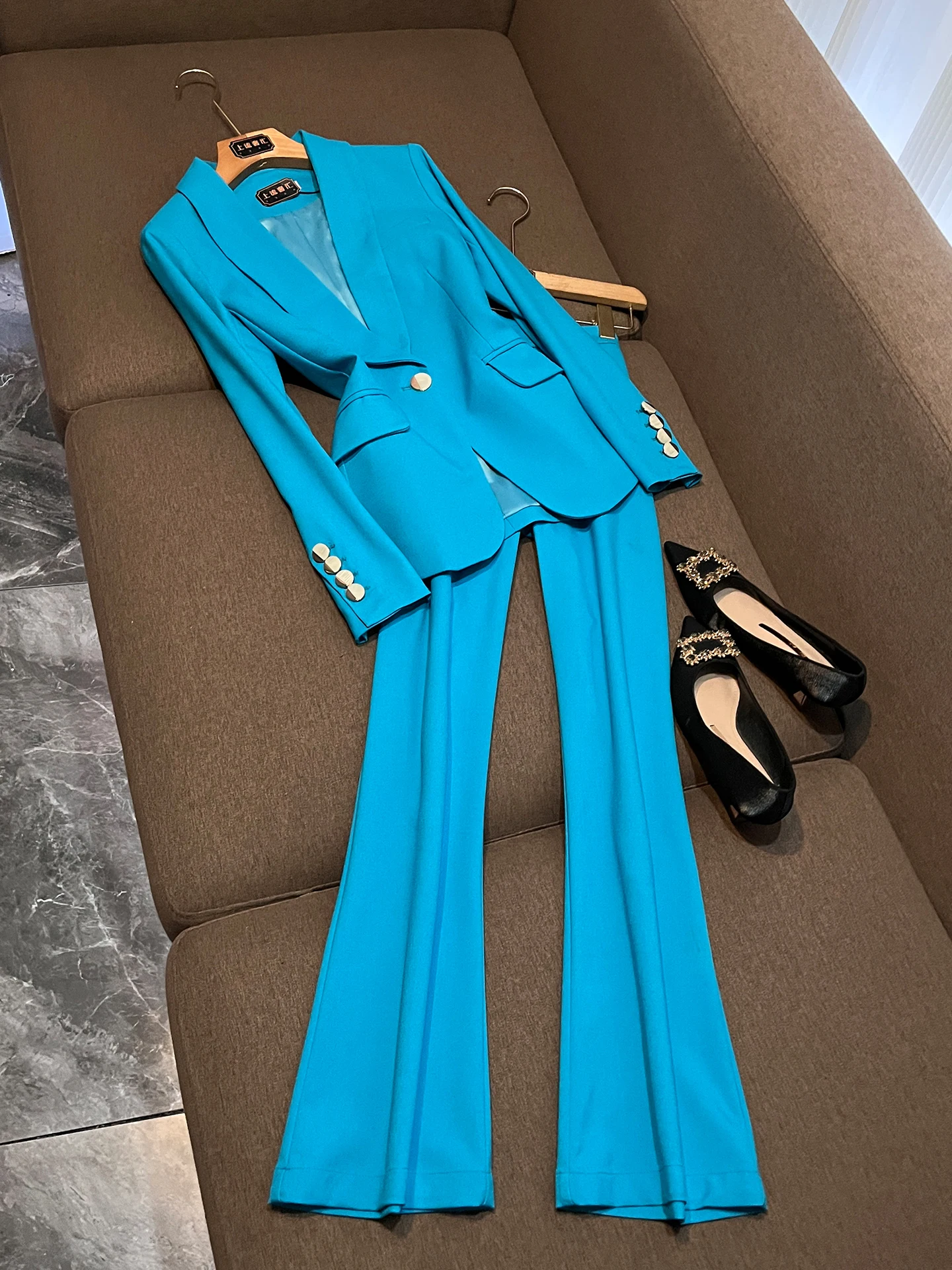 

Blue Slimming Suit Set Women's Summer Professional Wide Leg Pants Two Piece Set Office Wear High Waist Button up Slim Fit