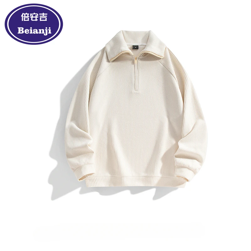 Beianji knit hoodie fashion brand lazy half zipper men's and women's Japanese retro casual texture solid color top 2024