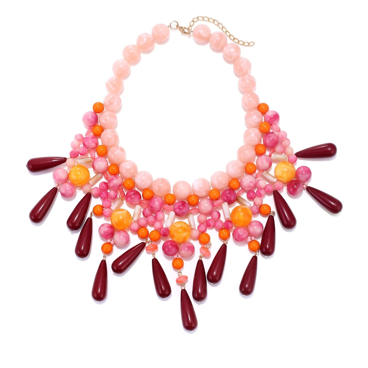 Farbenfrohe Harz-Perlen Statement-Halskette für Frauen Böhmische Rosa Orange Rote Mehrschichtige Choker-Halsketten Modeschmuck – Detail 5