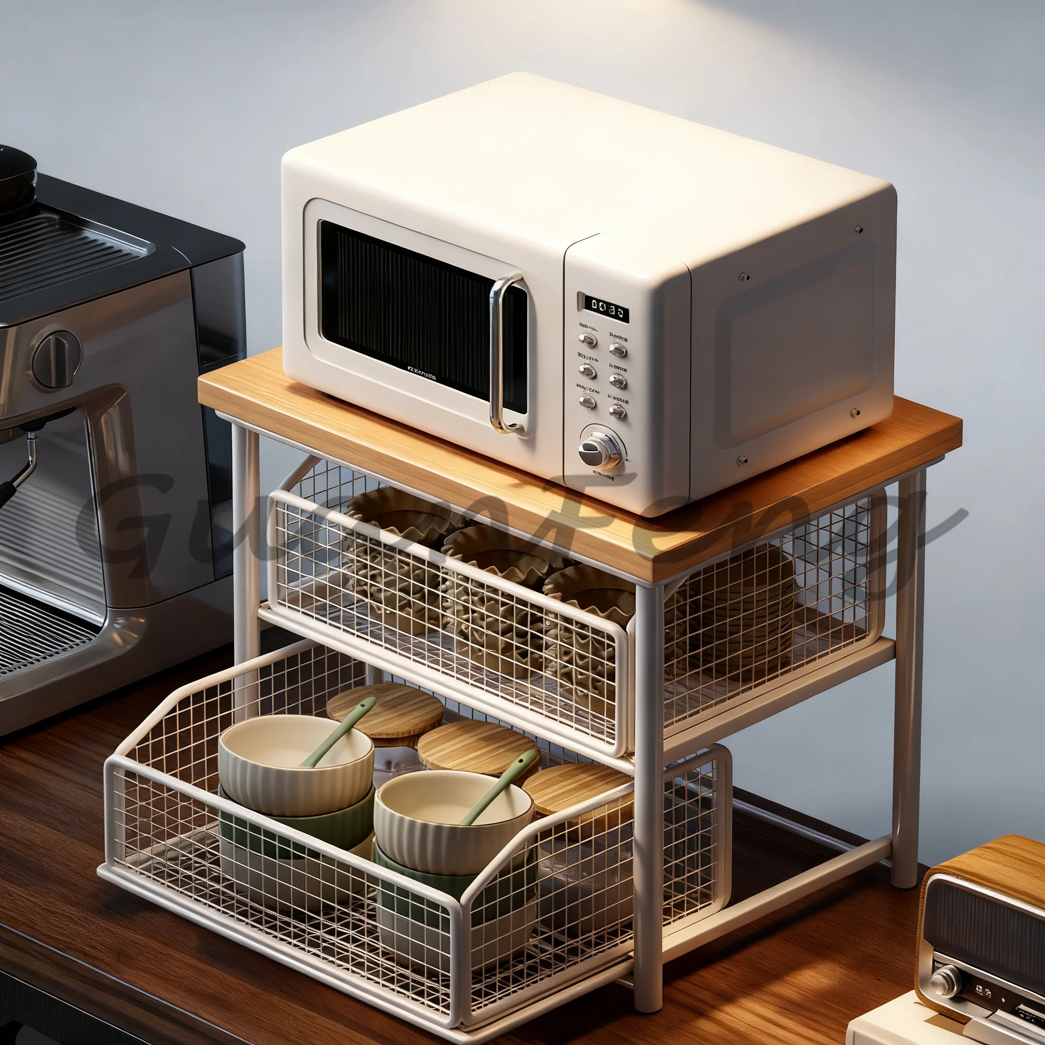 Multi-Layer Load-Bearing Countertop Microwave Stand Kitchen Storage Rack with Drawer for Oven & Small Appliance Organization