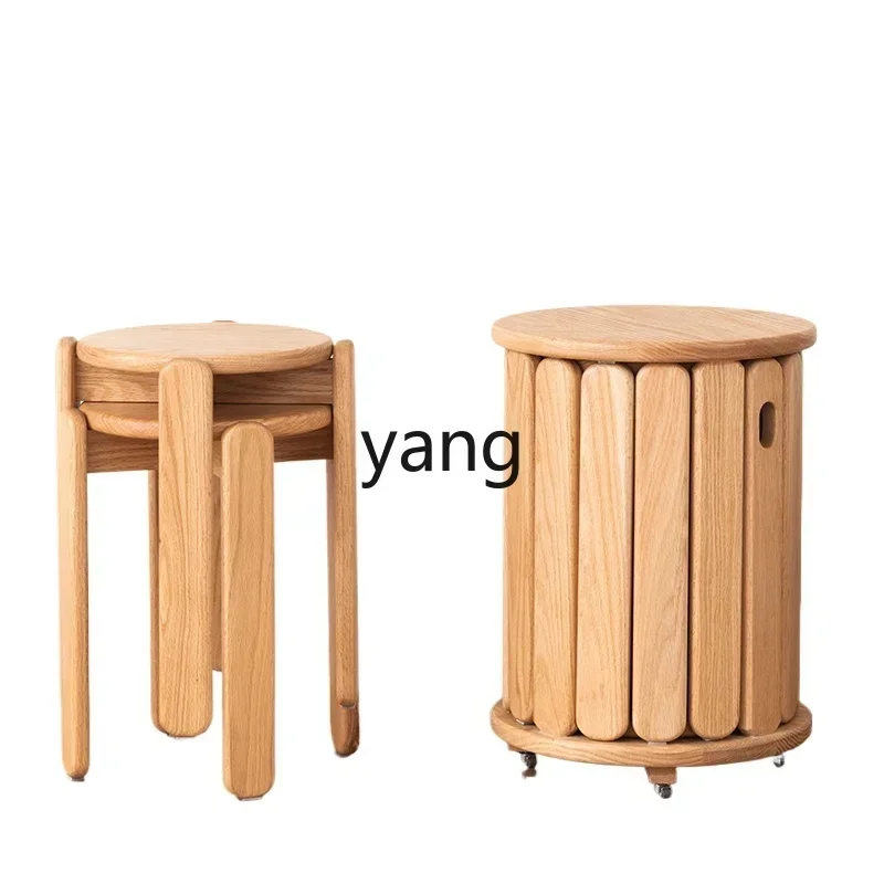 

LTT solid wood combination stool with pulley can be stacked round stool household storage folding chair