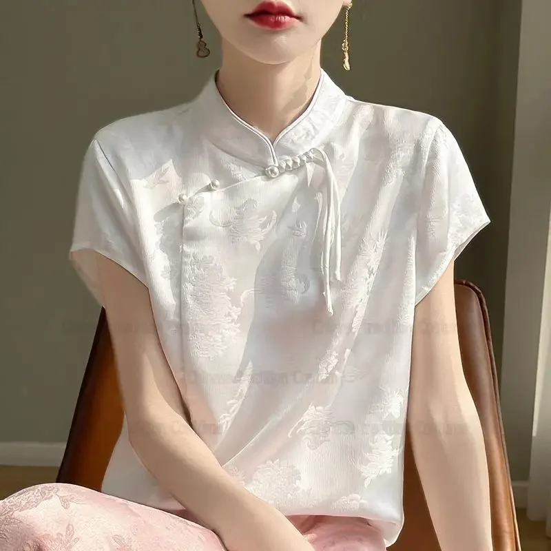 مثير بلوزة جاكار التقاليد الصينية أعلى قصيرة الأكمام تانغ الملابس سيدة الصيف جديد تشيباو قميص خمر اليوسفي طوق قمم