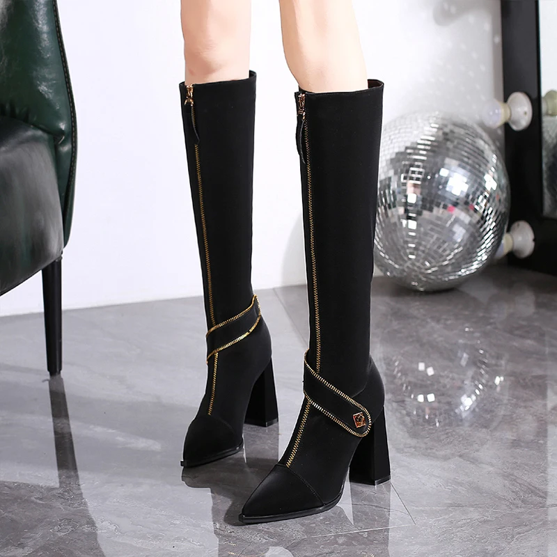 

Pointed Metal Chain Belt Buckle Women's Boots Thick Heels silk Zip Slim Solid Color Long Tube Boots Shoes For Women Knee Length