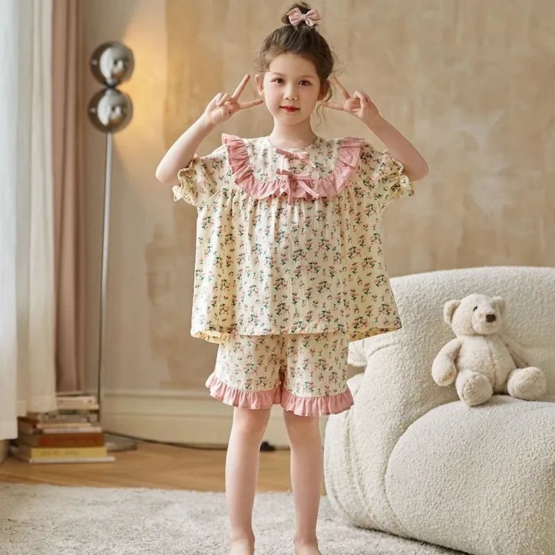 Small Floral Pattern Pajama Set Princess Style Summer Thin Girls\' Pajamas Short Pants Children\'s Home Clothes Two Piece Set