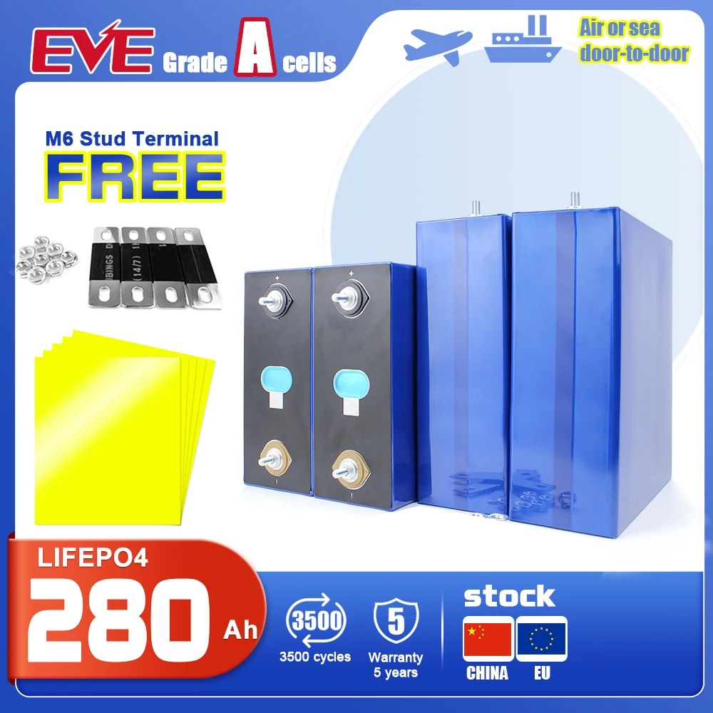 

EU Stock EVE LiFePO4 Grade A Battery 3.2V 280Ah Lithium Iron Phosphate 6000+Cycle Cells For12V 24V 36V 48V UPS Solar System