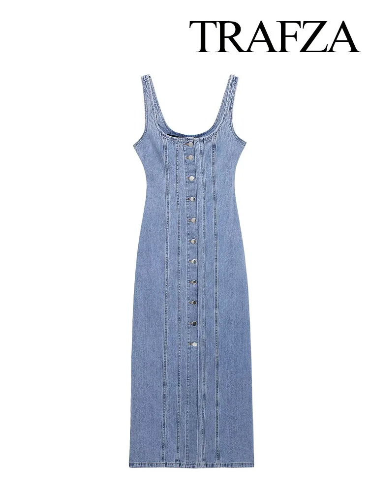 

TRAFZA Women Fashion Dresses Denim Blue O-Neck Sleeveless Single Breasted Decorate Slit Female Summer High Street Long Dress