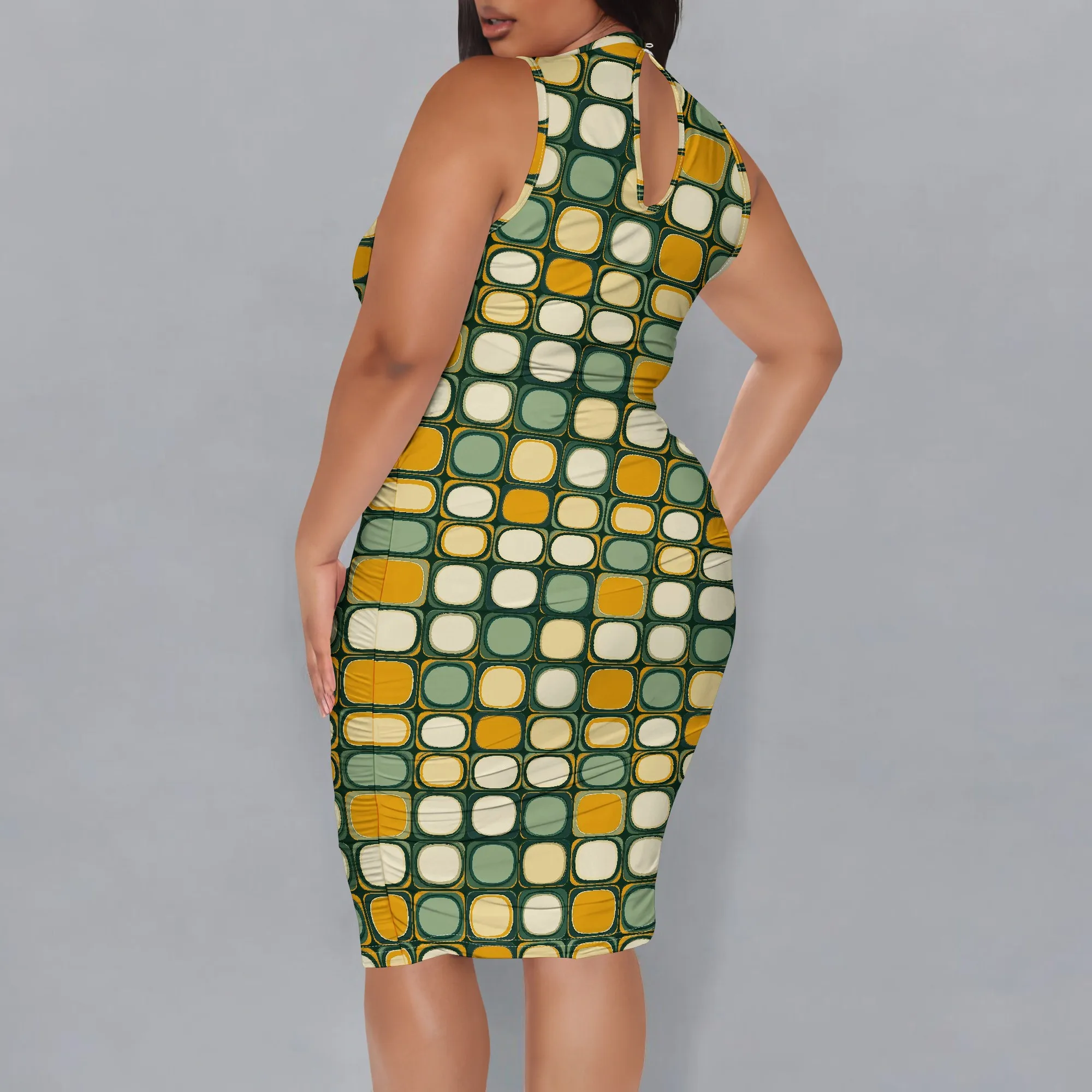 Plus Size Retro Grid Print Bodycon Dress XL-6XL Vintage Sleeveless Summer Party Dress for Women 2025