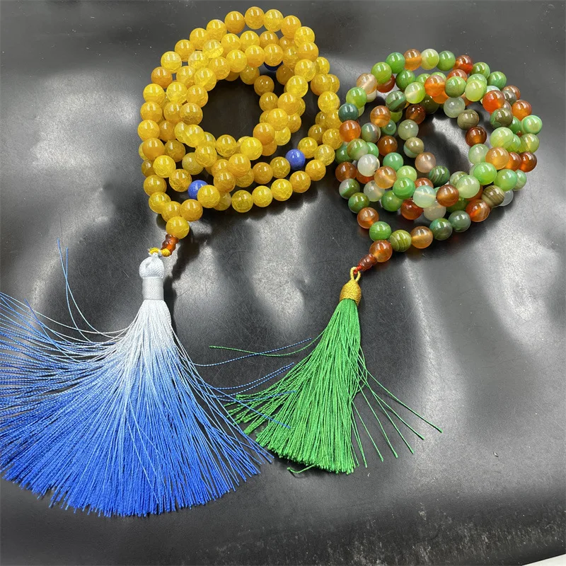 10mm 108 Yellow Pattern Beads Color Crossbody Peacock Agate Sweater Chain