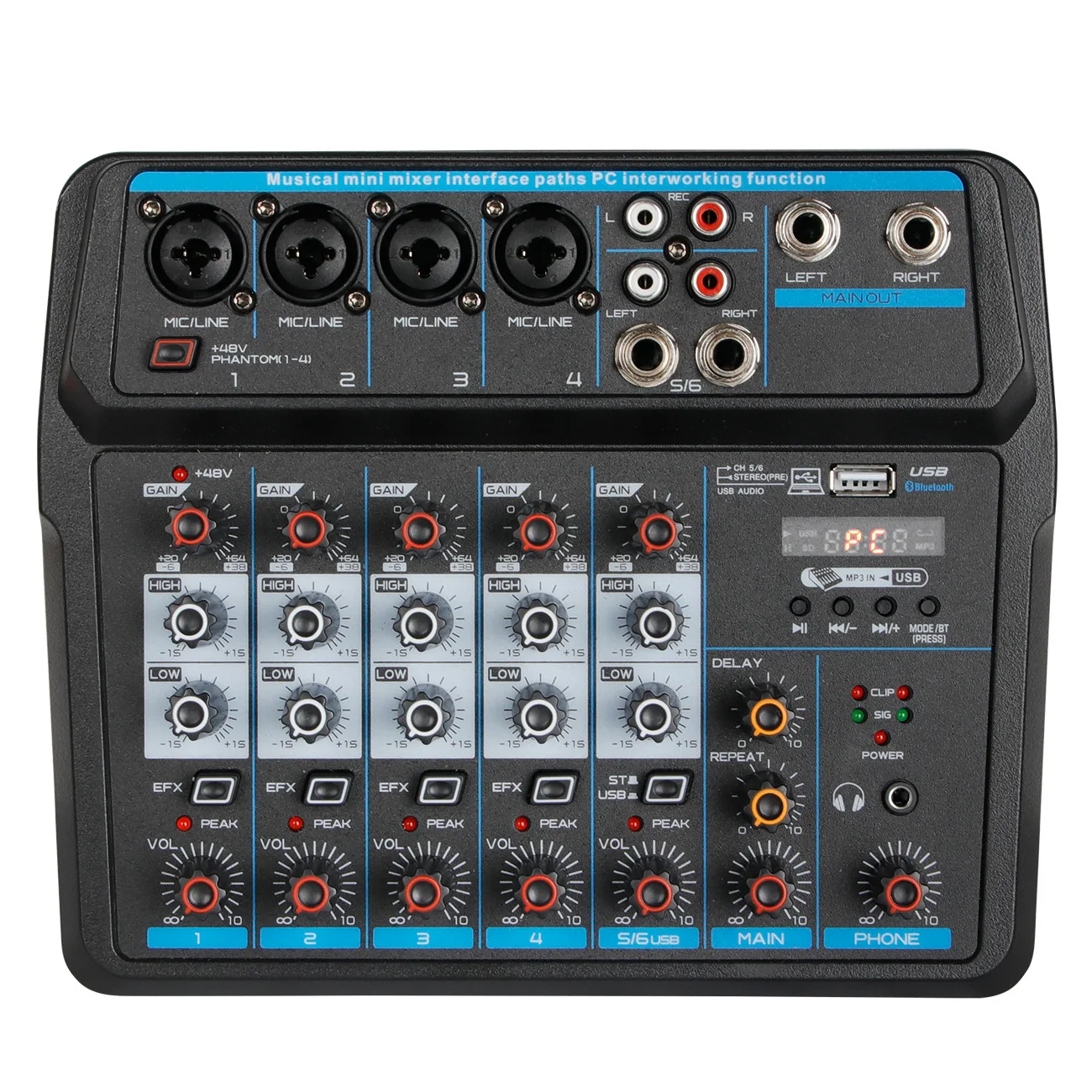 Konsol papan suara DJ, Audio DJ Mixer, kekuatan Phantom 6 saluran 48V dengan Bluetooth USB MP3 Stereo Studio DJ untuk panggung pesta KTV