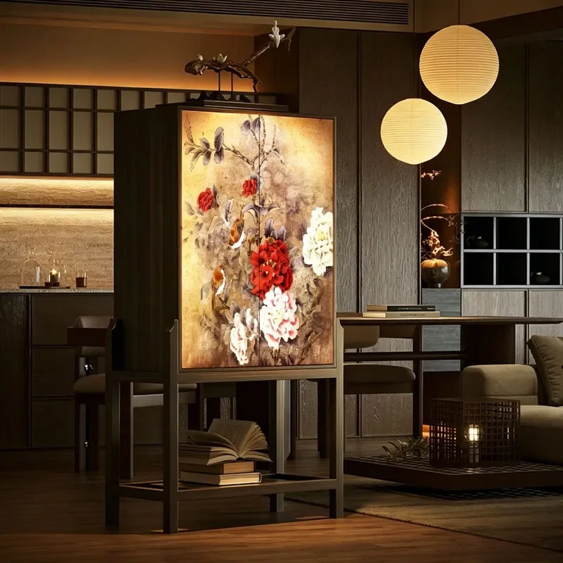 New Chinese Style Solid Wood Peony Flower Bird Height Combination Cabinet Entrance Partition Dining Side Cabinet Living Room