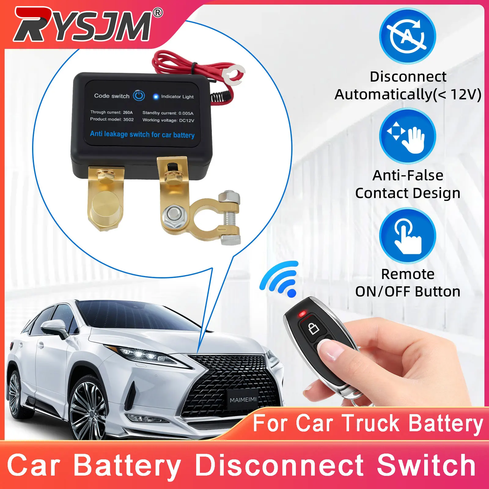 

12V 260A Car Remote Battery Disconnect Switch Car Battery Disconnect Switch Cut Off Switch For Auto Truck RV ATV Boat Marine