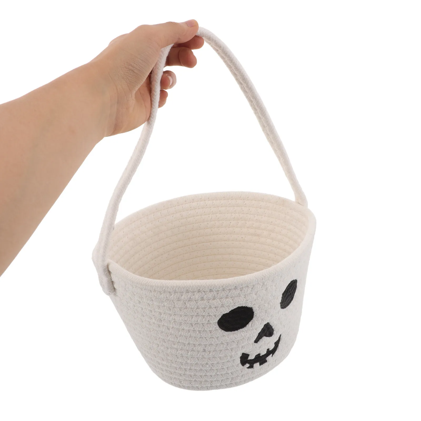 Halloween Ghost Candy Bucket Cotton Rope Treat Pail Lightweight Soft Fabric Storage Basket Halloween Trick Or Treat Tote