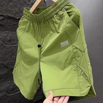 2025 Yaz Yeni erkek Trendy İşlemeli Şort erkek Rahat Plaj Pantolon Gevşek Buz Ipek Şort erkek Moda Harlan Pantolon