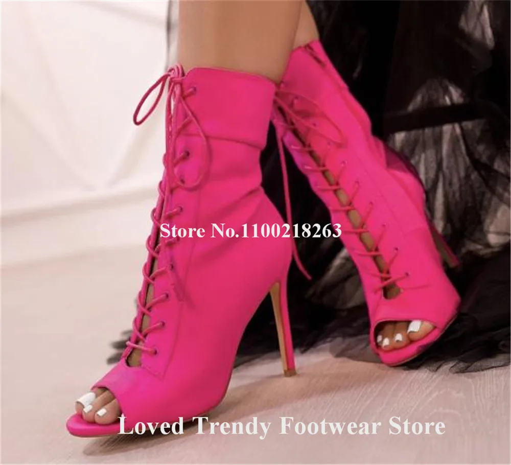 

Peep Toe Lace-up Stiletto Heel Short Boots Pink Beige Red Blue Cut-out Thin Heel Ankle Booties Big Size Dress Heels