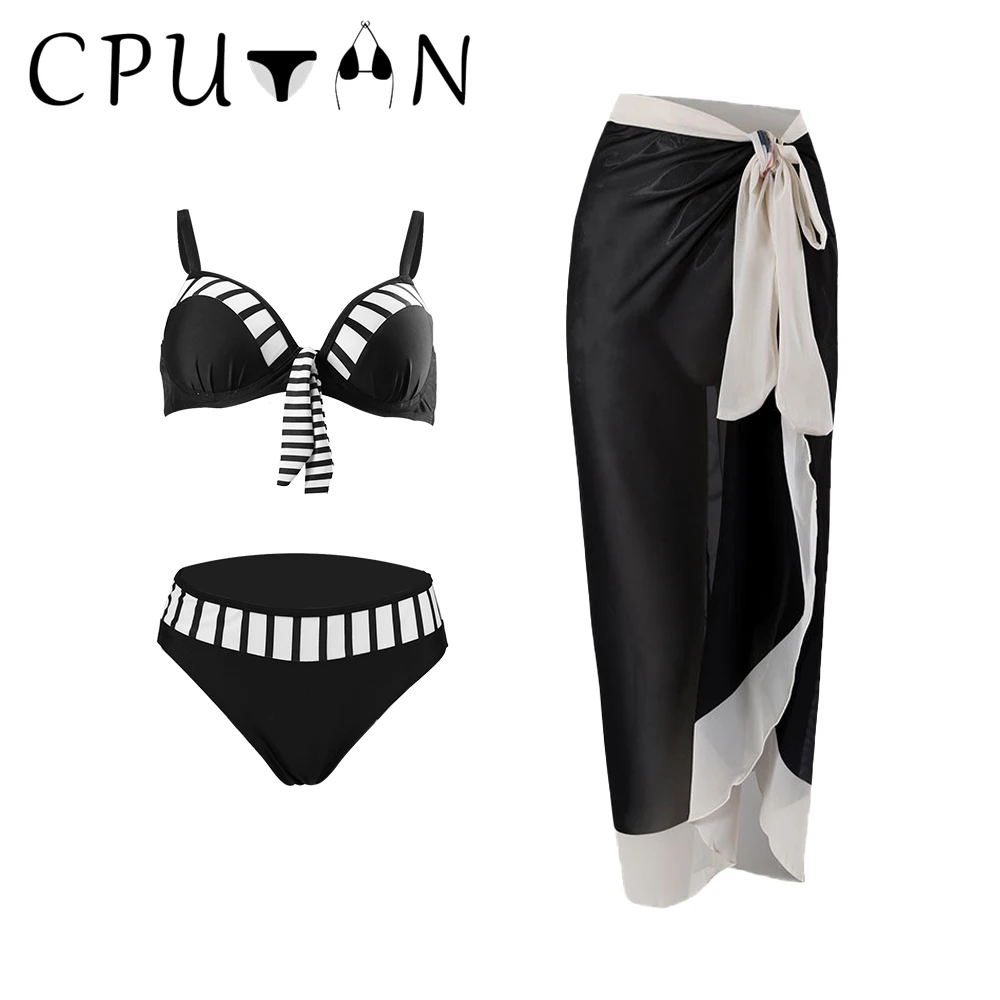 CPUTAN-Bikini Brésilien Push Up pour Femme, Maillot de Bain et Jupe Ronde, Imprimé Solide, Vêtement de Plage, 2024