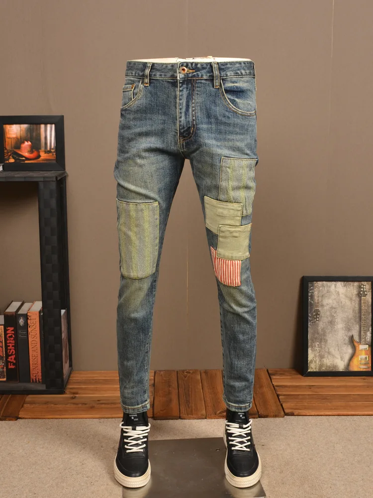 Retro Distressed Stitching Motorcycle Jeans Men's Fashionable High-End Stretch Slim Fit Skinny Patch Casual Ruan Handsome Pants