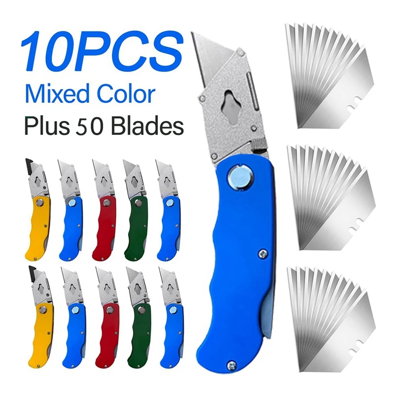 ABDJ-10Pcs Folding Utility Knives & 50Pcs Blades Set For Crafts, Retractable Box Cutters, Exacto Knife, Paper Cutter