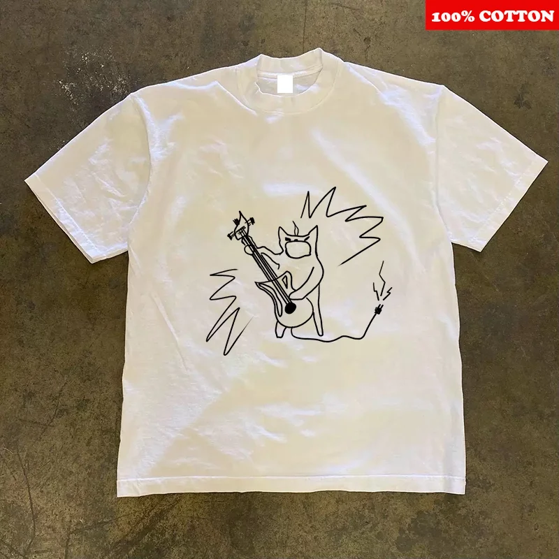 Camiseta con estampado de gato llorón de dibujos animados para hombre y mujer, camiseta holgada informal de manga corta de algodón 100%, Tops Y2k, ropa kawaii, verano 2025