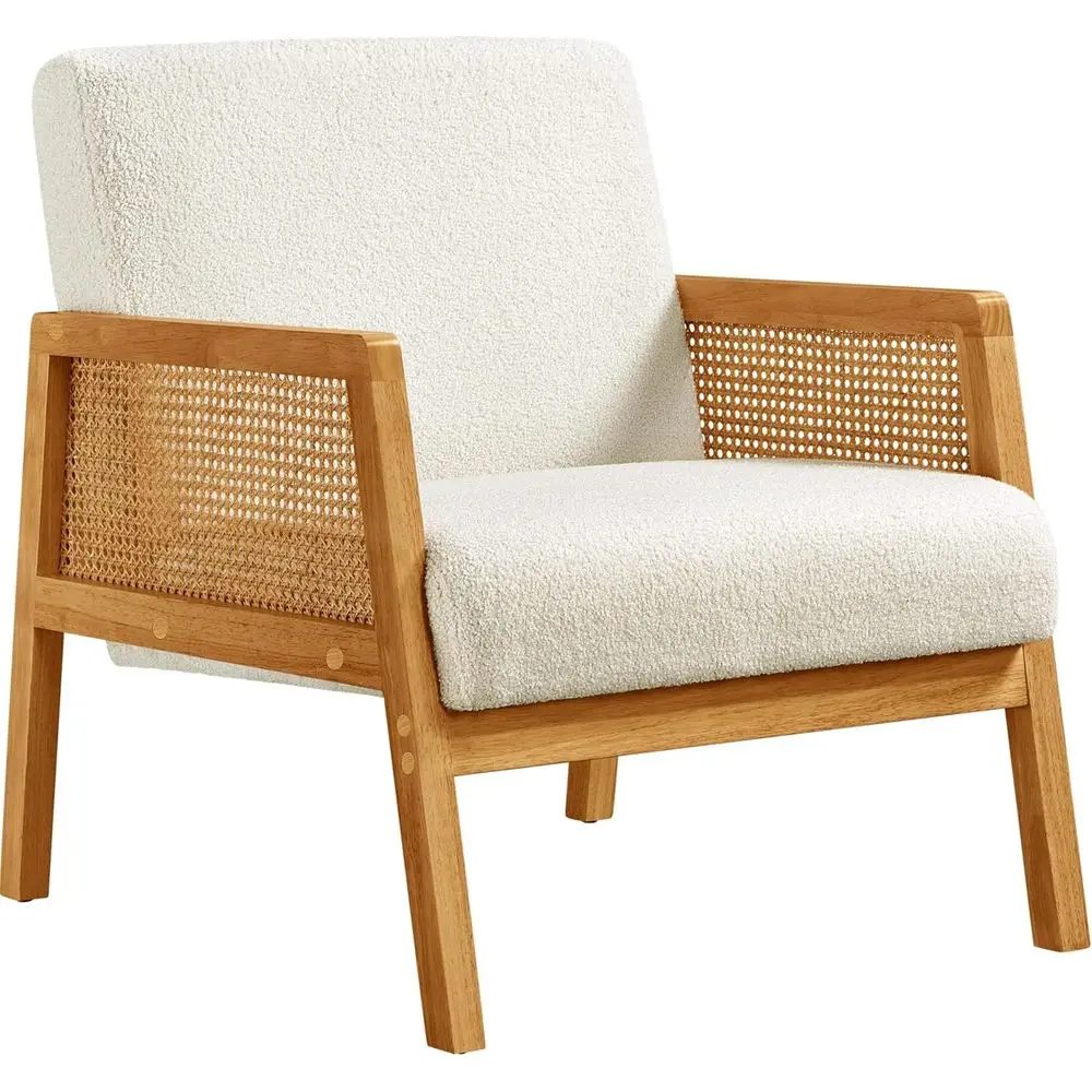 Rattan Accent Chair, Boho Vintage Armchair, Boucle abric Reading Chair with Wood Armrest and Legs or Living Room Bedroom Retion,