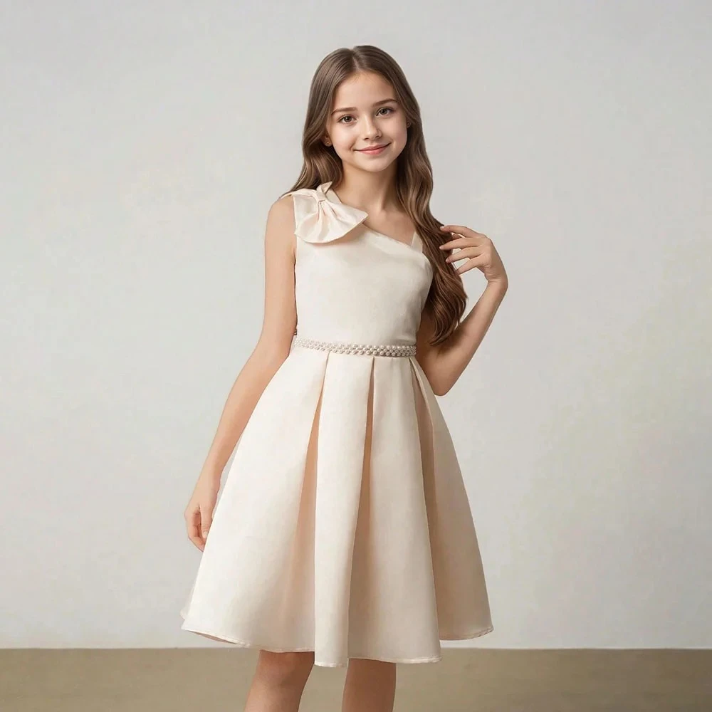 Customized Sleeveless A-Line Girl Dress For Party Short Open Back Lace Birthday Gown Knee Length Kids Junior Concert