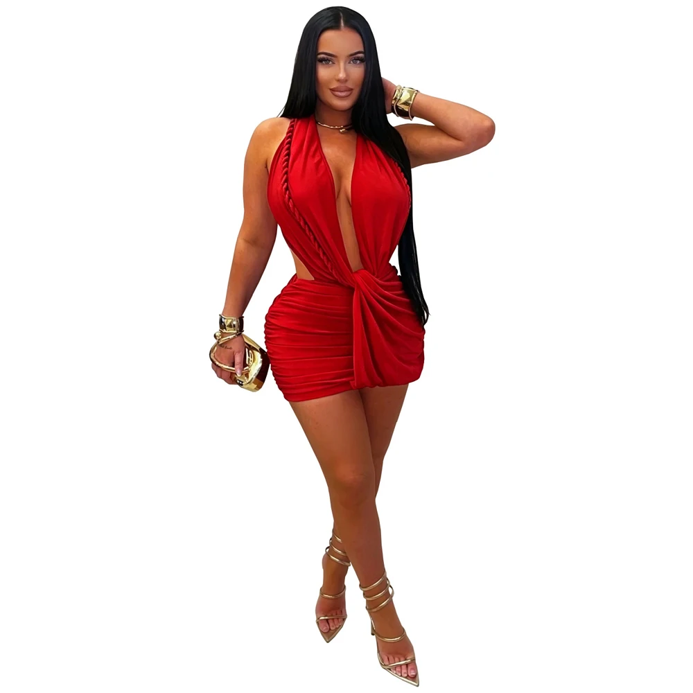 2026 Neues Damen Geflochtenes Wickelkleid mit Neckholder, Tiefem Ausschnitt und Rückenausschnitt, Sexy Geballtes Minikleid mit V-Ausschnitt für Geburtstag und Clubwear – Detail 7
