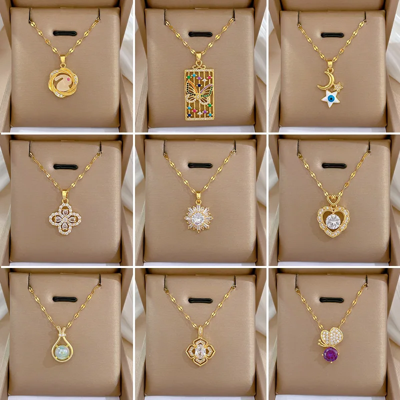 

Luxury Wedding Gift Jewelry Full Zircon Women Flower Pendant Necklace Titanium Steel Gold Color Necklace