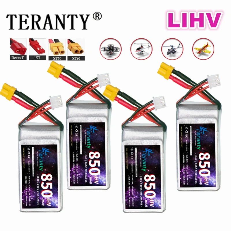 2/4PCS TERANTY HV Battery 850mAh 2S 7.6V 100C LiHV Lipo Battery XT30 XT60 Plug For Racing Car RC Drone Helicopter Aircraft FPV