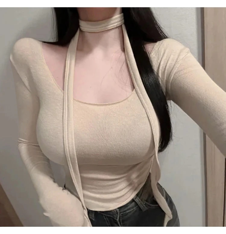 Koreanischer Stil U-Ausschnitt Band Slim Fit Transparentes Langarm Damen T-Shirt 2026 Sommer Figurbetontes T-Shirt Einzigartiges Design Crop Top – Detail 6