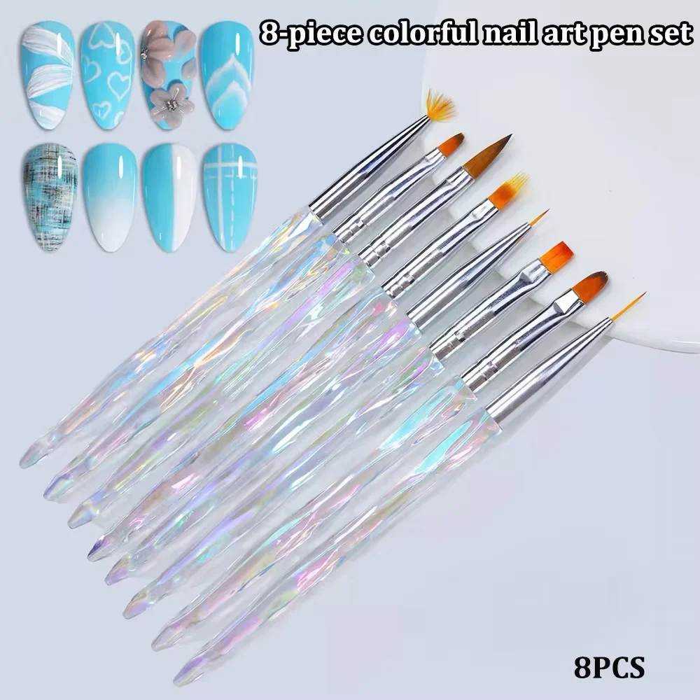 8pcs/set Aurora Acrylic Nail Art Painting Pens for Nail Design Soft Slender Brush Gradient Gel Drawing DIY Brush