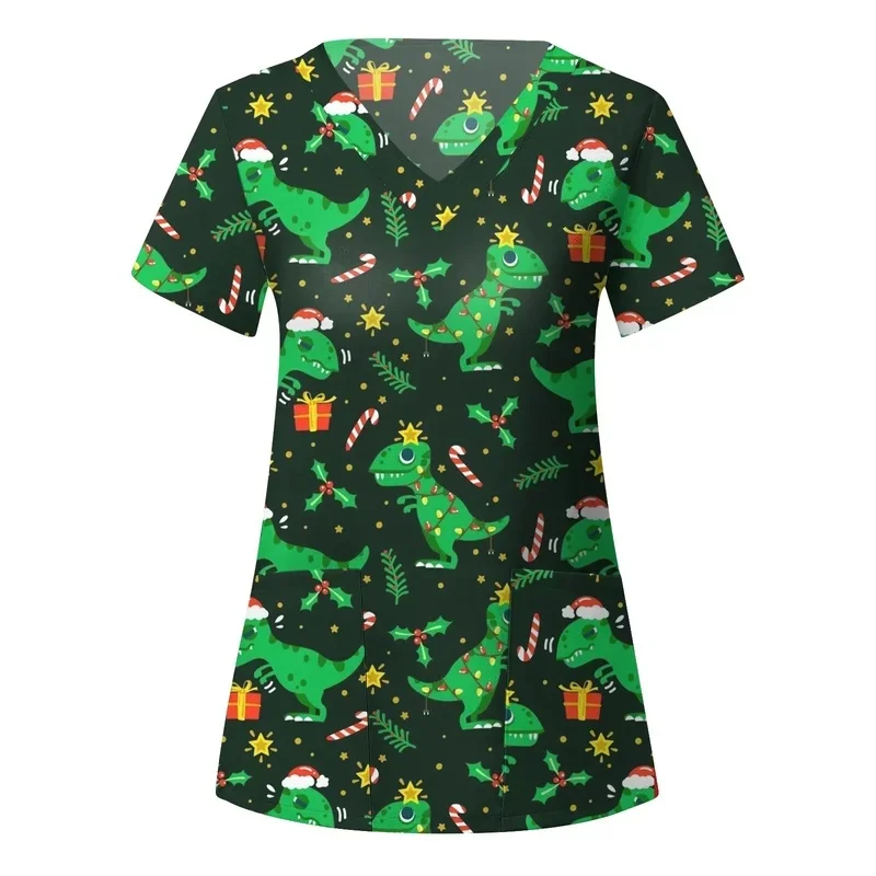 Women's printed short-sleeve medical uniformTShirt Micro-ElasticVNurse's uniform Beauty Salon Clinic Clinical Work Uniforms