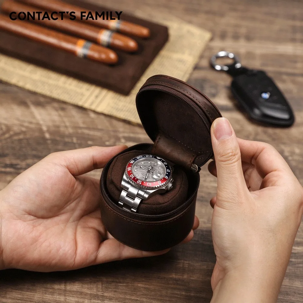 Top Full Grain Leather Single Watch Case Portable Travel Watch Storage Box For Mechanical Watch Apple Watch Zipper Watch Holder